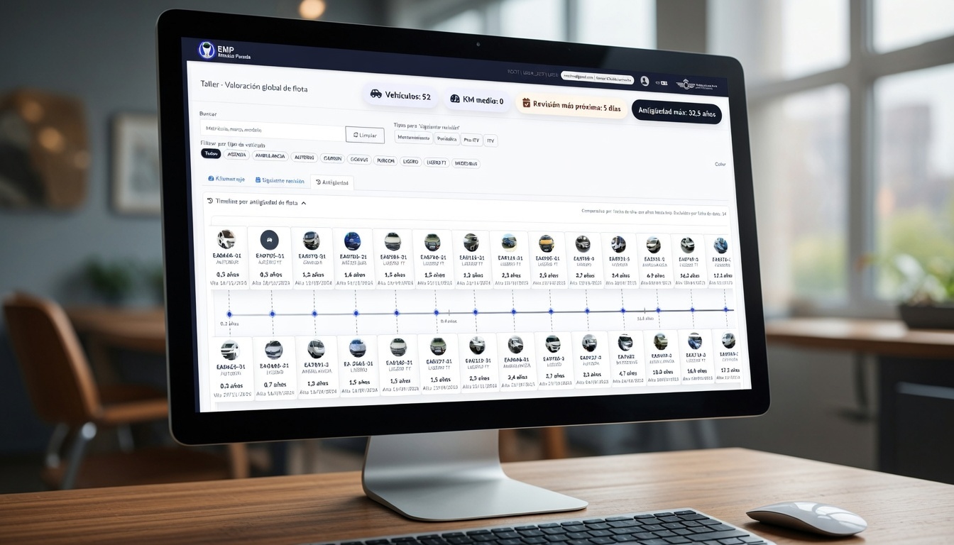 Fleet management timeline with mileage, next inspection and ageing overview